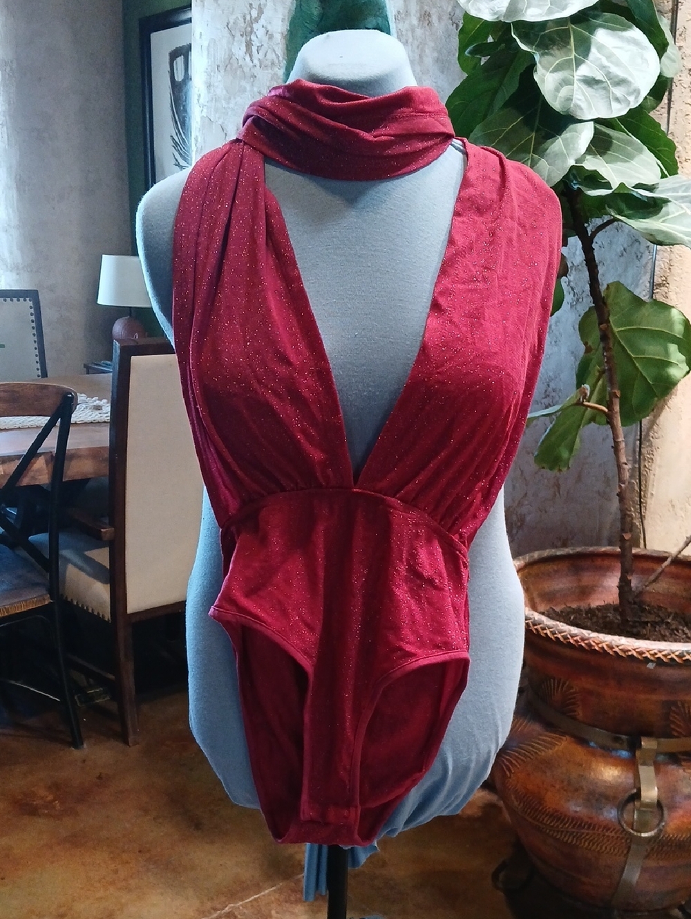 Sparkling Deep Red Plunge One-Piece bodysuit